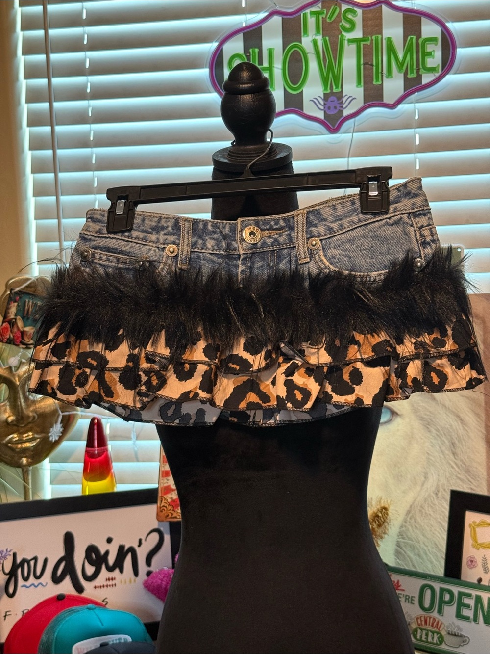 Upcycled Custom Denim Mini Skirt with Black Feather Trim and Leopard Ruffle